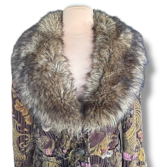 Vintage Faux Fur Trimmed Corduroy Floral Jacket Brown Boho Cropped Penny Lane - Picture 2 of 13